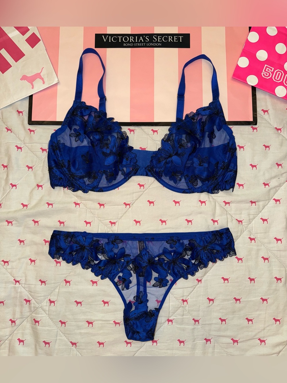 VICTORIA’S SECRET VERY SEXY LINGERIE SET DEMI BRA & THONG BLUE FLORAL LACE HTF